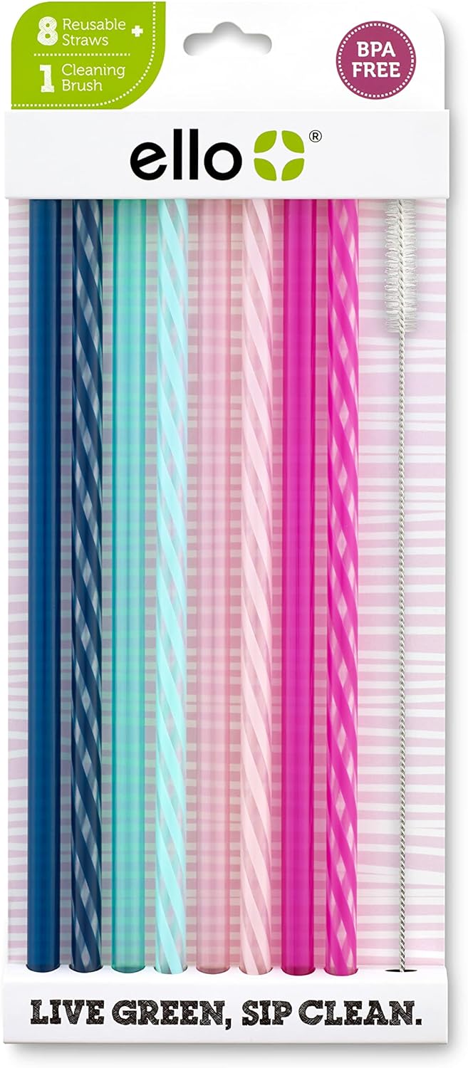 Ello Impact Reusable Hard Plastic Straws with Cleaning Brush, 8 Piece, Rosewater