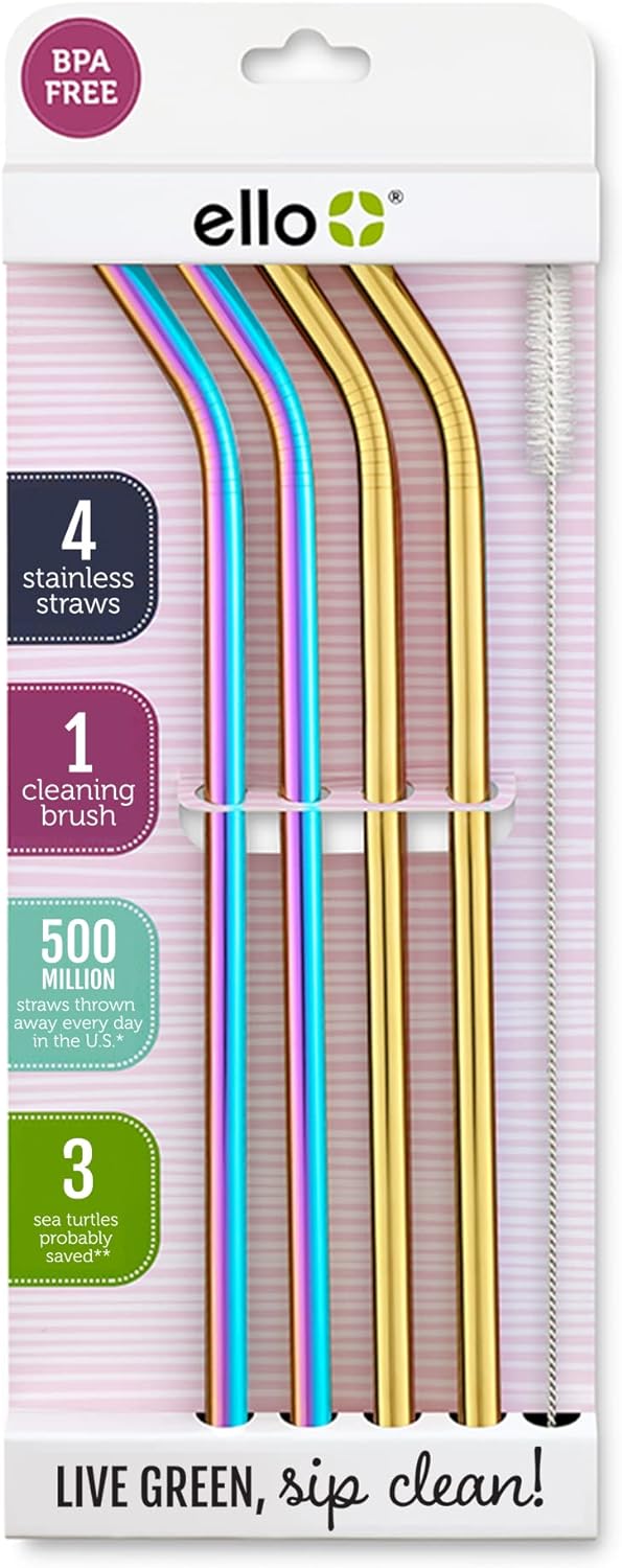 Ello Impact Stainless Steel Reusable Straws with Cleaning Brush, 4 Piece, Rainbow