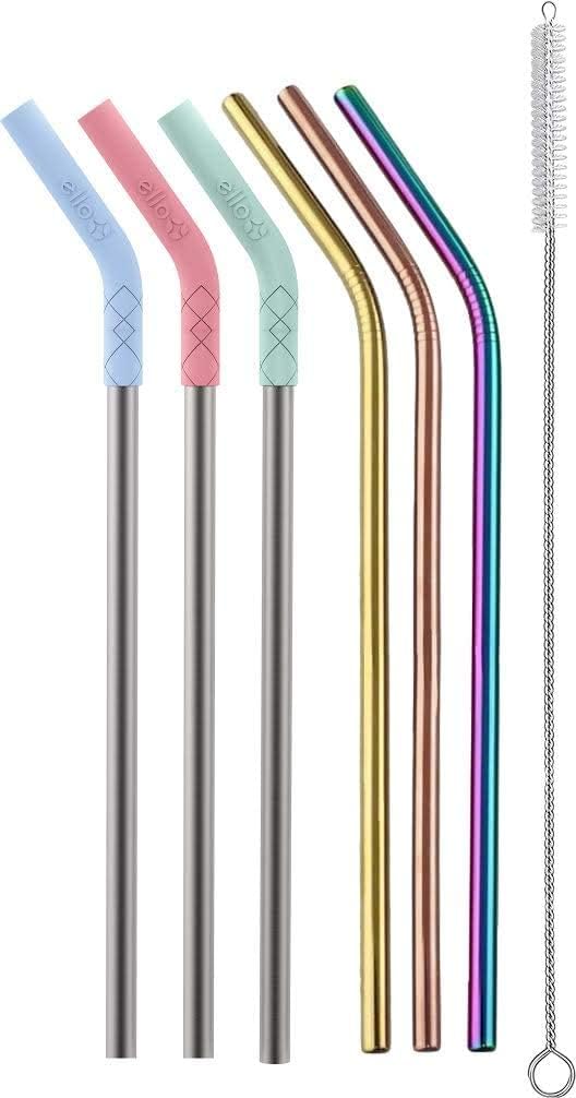 Ello Impact Reusable Stainless Steel Straws with Cleaning Brush, 6 Piece, Summer Glow