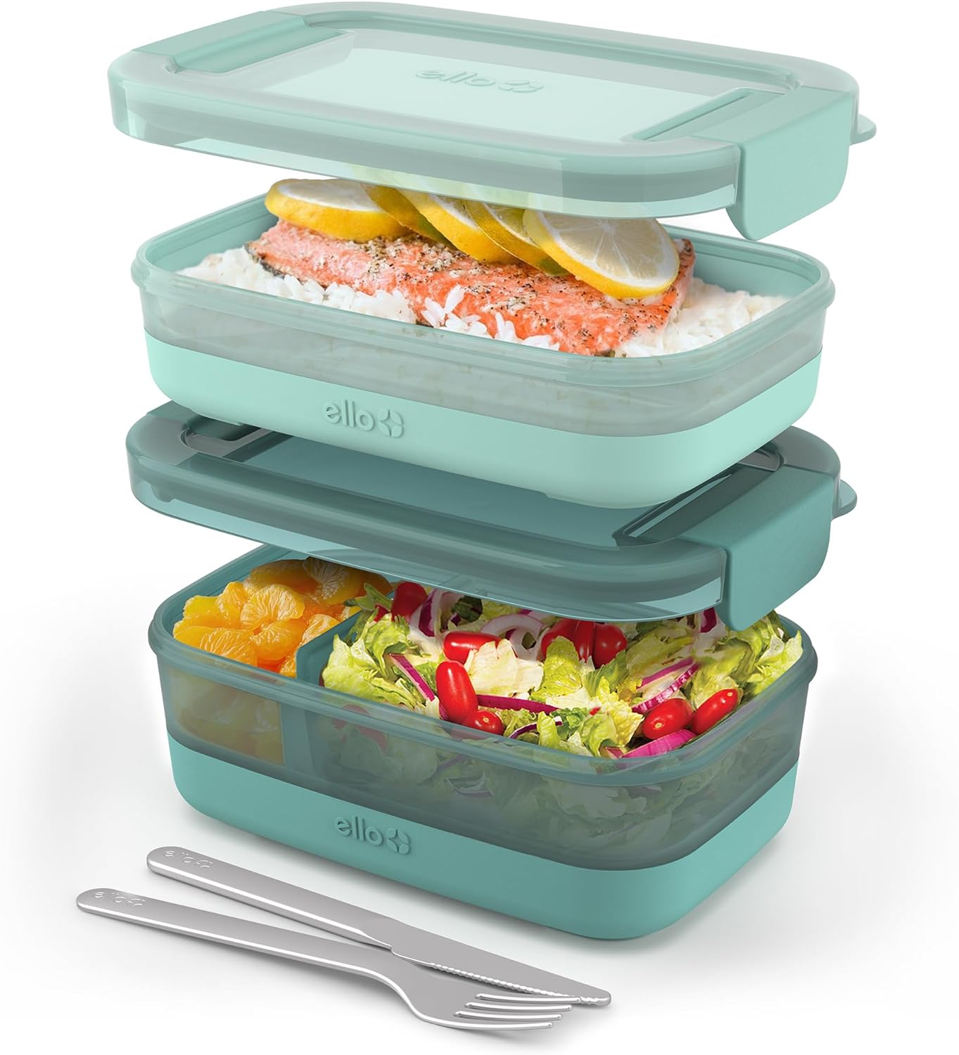 Ello 2-Pack Bento Box Lunch Stack Plastic Food Storage Container | Leak-Proof Locking Plastic Lids | Silicone Base | BPA-Free | Freezer Microwave and Dishwasher Safe | Mint Chip