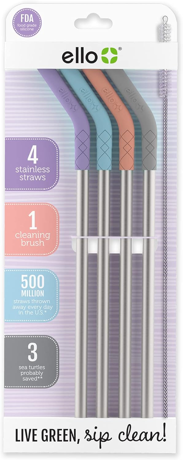 Ello Impact Reusable Stainless Steel Straws with Cleaning Brush, 4 Piece, Skyline