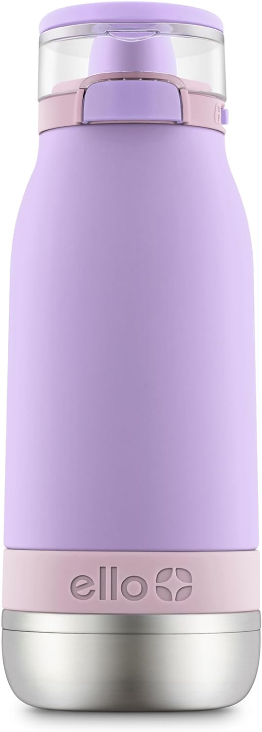 Ello Emma 14oz Vacuum Insulated Stainless Steel Kids Water Bottle with Straw and Built-in Carrying Handle and Leak-Proof Locking Lid for School Backpack, Lunchbox and Outdoor Sports