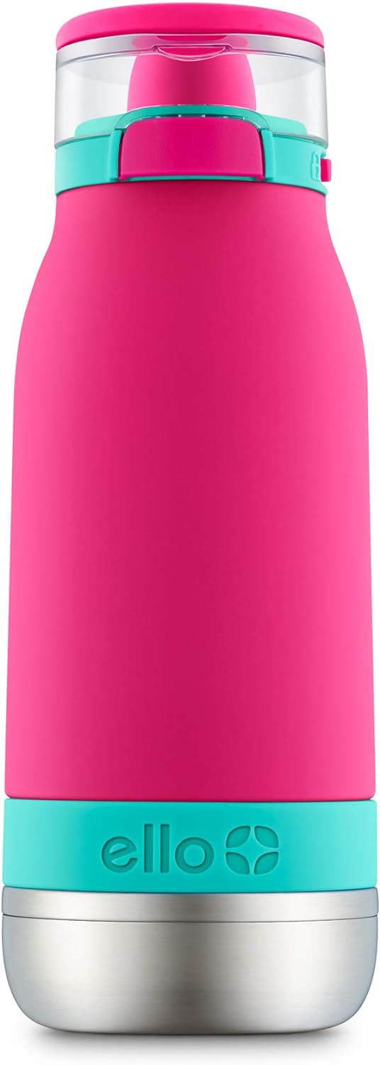 Ello Emma 14oz Vacuum Insulated Stainless Steel Kids Water Bottle with Straw and Built-in Carrying Handle and Leak-Proof Locking Lid for School Backpack, Lunchbox and Outdoor Sports