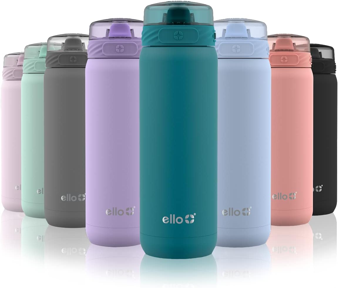 Ello Cooper Stainless Steel Water Bottle with Straw and Carry Handle, Double Walled and Vacuum Insulated Metal, Leak Proof Locking Lid with Soft Silicone Spout, Reusable, BPA Free, 22oz, 32oz, 40oz