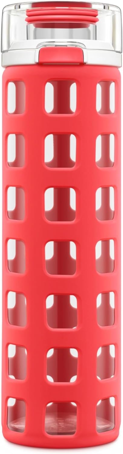 Ello Syndicate 20oz Reusable Glass Water Bottle with One-Touch Leak Proof Flip Lid Protective Non-Slip Silicone Sleeve and Carry Loop for Coffee, Tea and Water, BPA-free, Dishwasher Safe