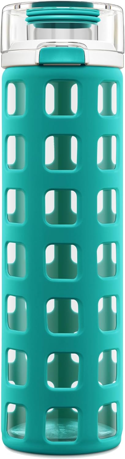 Ello Syndicate 20oz Reusable Glass Water Bottle with One-Touch Leak Proof Flip Lid Protective Non-Slip Silicone Sleeve and Carry Loop for Coffee, Tea and Water, BPA-free, Dishwasher Safe