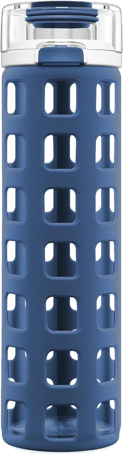 Ello Syndicate 20oz Reusable Glass Water Bottle with One-Touch Leak Proof Flip Lid Protective Non-Slip Silicone Sleeve and Carry Loop for Coffee, Tea and Water, BPA-free, Dishwasher Safe