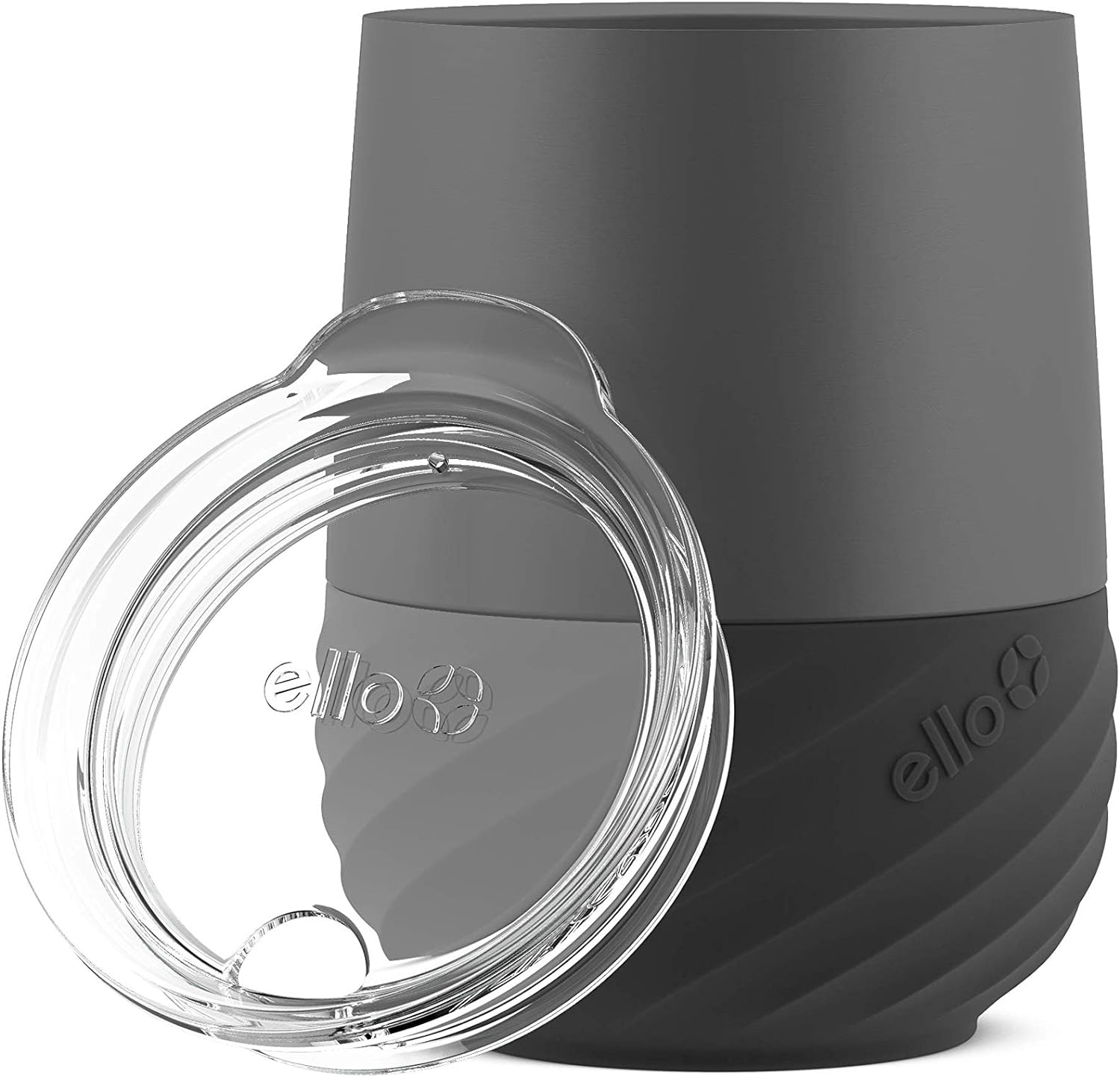 Ello Clink 12oz Vacuum Insulated Stainless Steel Wine Tumbler with Built-in Silicone Protection Coaster, Stemless Wine Cup, Coffee, Tea, Champaign, Cocktail, Graphite