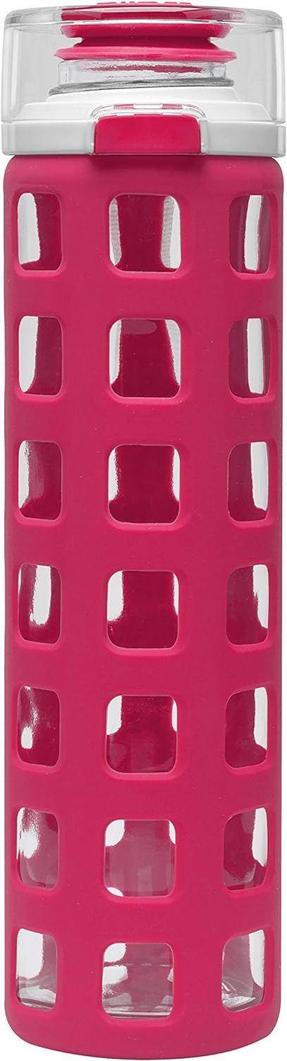 Ello Syndicate 20oz Reusable Glass Water Bottle with One-Touch Leak Proof Flip Lid Protective Non-Slip Silicone Sleeve and Carry Loop for Coffee, Tea and Water, BPA-free, Dishwasher Safe