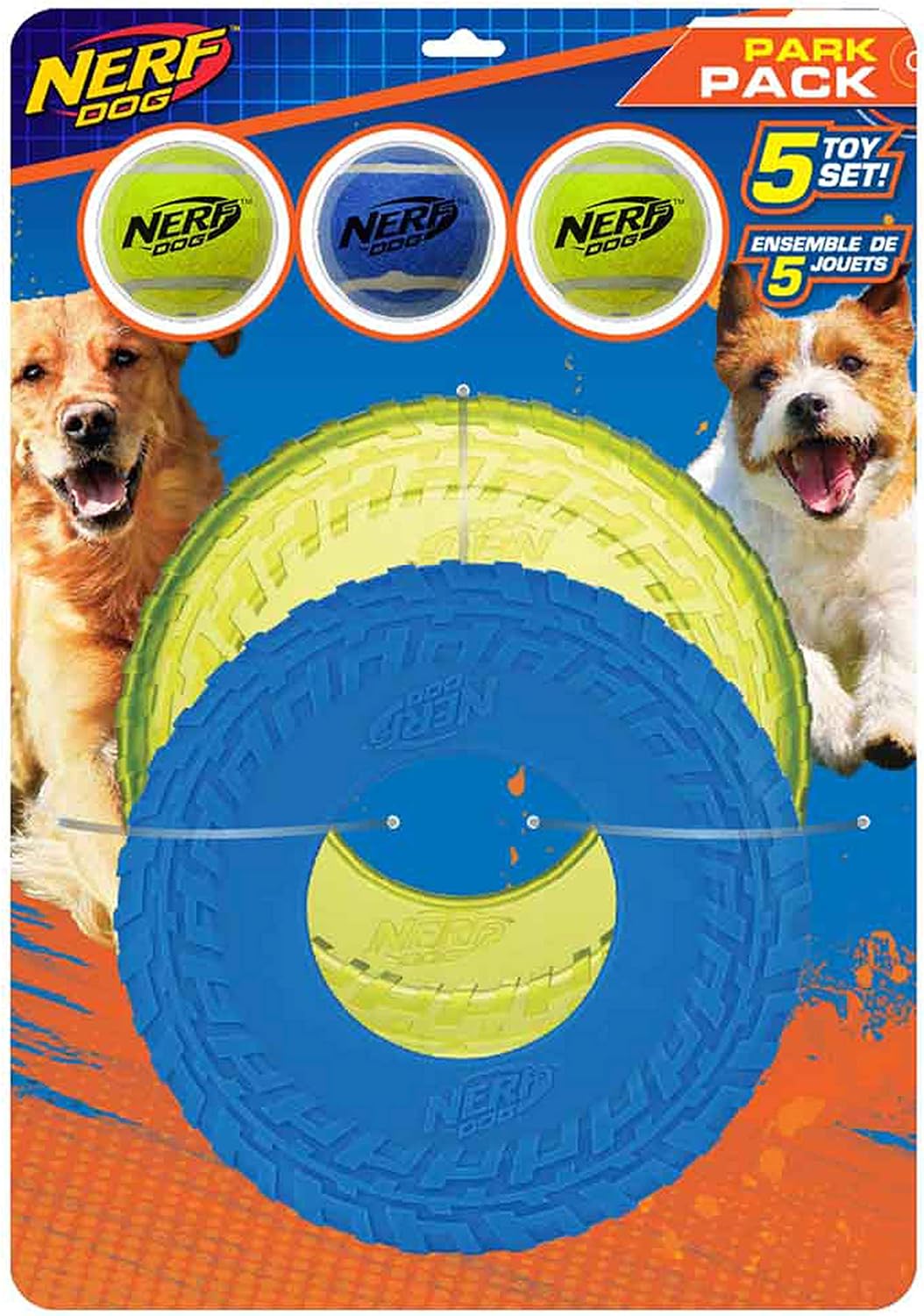 Nerf Dog 5-Piece Dog Toy Gift Set, Includes 2.5in Squeak Tennis Ball 3-Pack, 10in Translucent TPR Tire Flyer, and 10in TPR Tire Flyer, Nerf Tough Material, Green and Blue