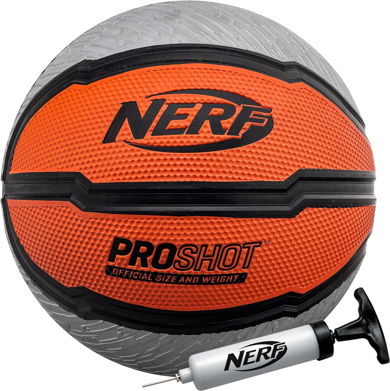 NERF Indoor   Outdoor Basketball - Proshot Official Size 29.5 Basketball   Air Inflation Pump - Extra Grip Basketball for Gym   Driveway Basketball Hoops - Regulation B7 Basketball - Black/Orange