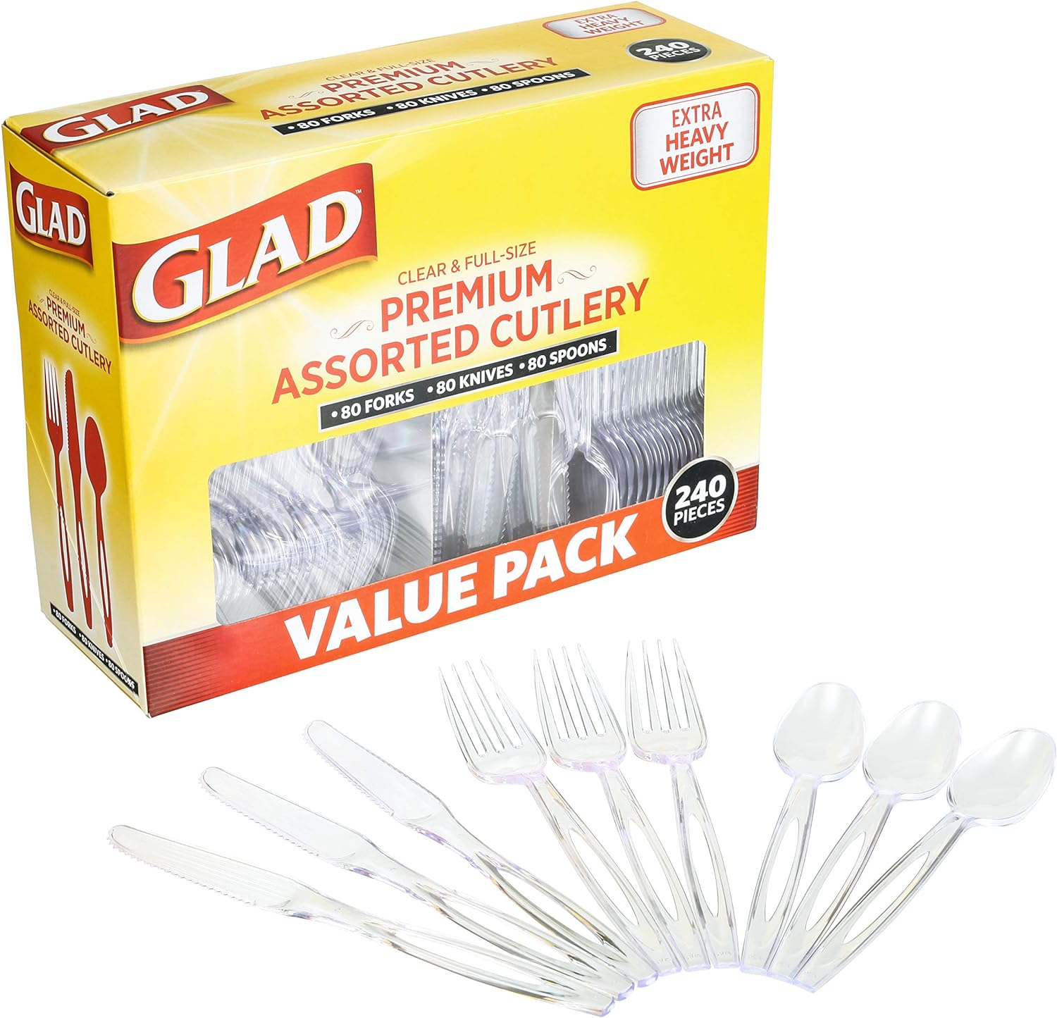 Glad Disposable Plastic Cutlery, Assorted Set | Clear Extra Heavy Duty forks, Knives, And Spoons | Disposable Party Utensils | 240 Piece Set of Durable and Sturdy Cutlery