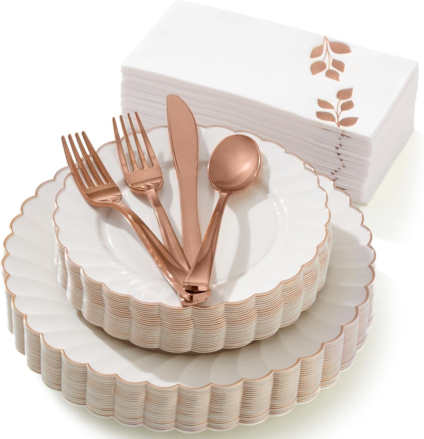 BY MADEE 175 Pcs Premium Scalloped Ivory Rose Gold Plastic Plates for Party | Disposable Dinnerware Set for 25 Guests | Dinner, Dessert Plates, Silverware, Napkins (Heavyweight)