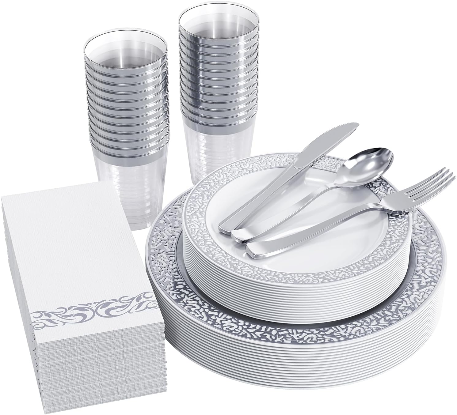 175 Piece Silver Dinnerware Set 25 Guest-50 Silver Lace Plastic Plates-25 Silver Plastic Silverware-25 Silver Plastic Cups-25 Silver Paper Napkins, FOCUSLINE Disposable Dinnerware Set