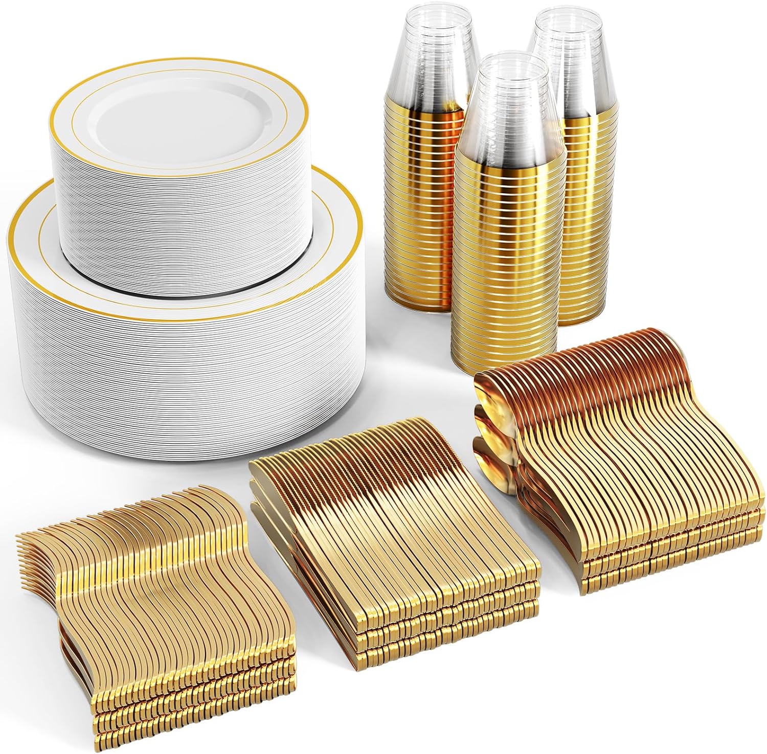 FOCUSLINE 600pcs Gold Dinnerware Set for 100 Guests, Gold Rimmed Plastic Plates Disposable, 100 Dinner Plates, 100 Salad Dessert Plates, 100 Cups, 100 Gold Silverware Set for Wedding Birthday Parties