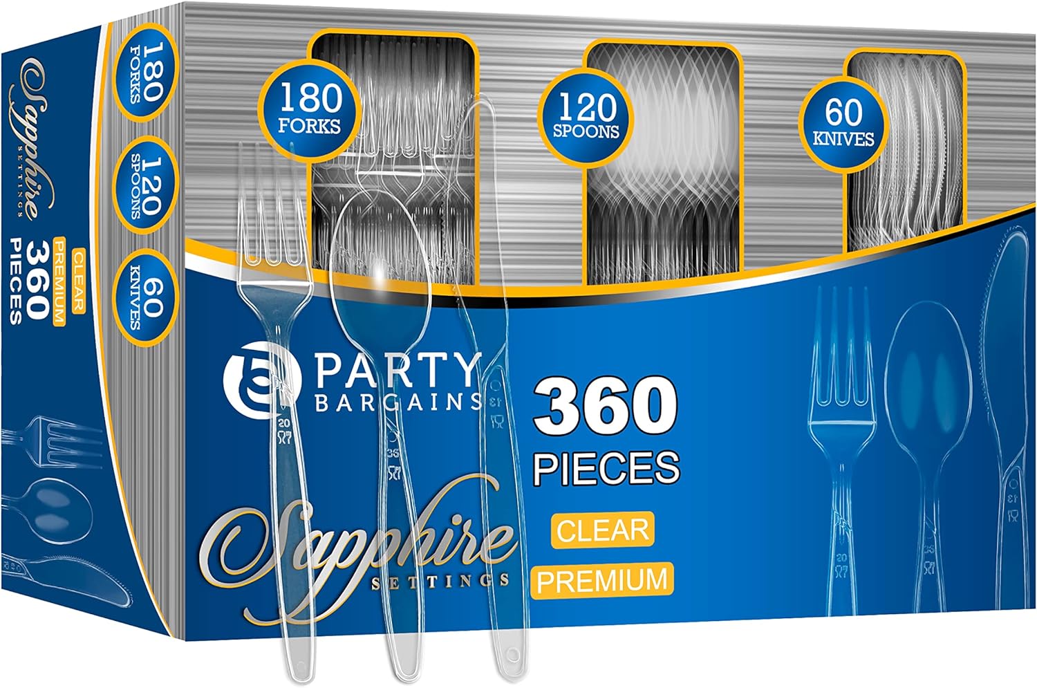 Party Bargains Disposable Cutlery set, SAPPHIRE Design, Clear Color, 360 Pieces: 180 Forks, 120 Spoons, 60 Knives