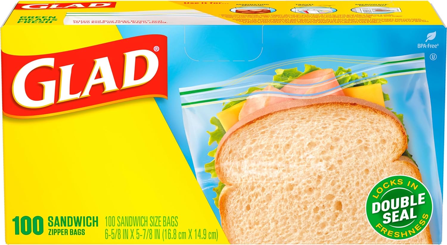 Glad Zipper Food Storage Sandwich Bags - 100 Count (Package May Vary)