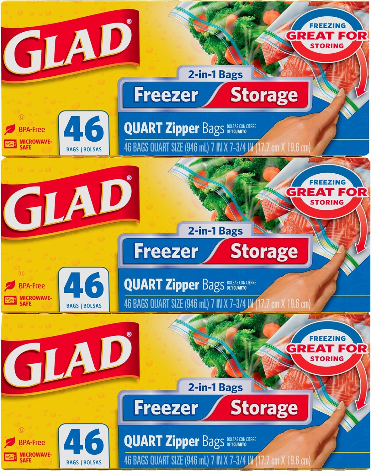 Glad Zipper Food Storage and Freezer 2 in 1 Plastic Bags - Quart - 46 Count, Pack of 3