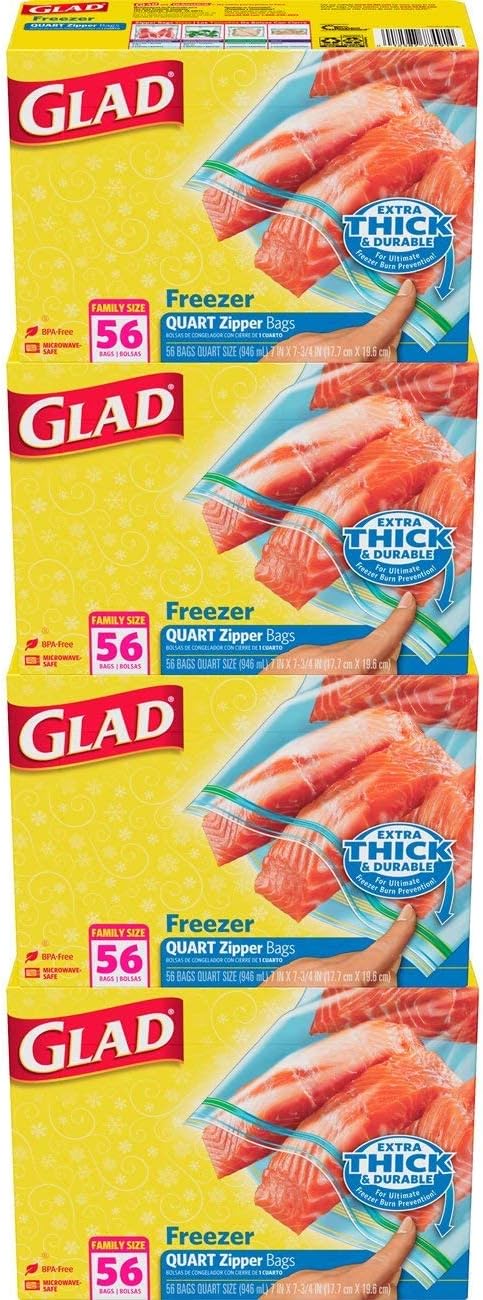 Glad Zipper Freezer Storage Plastic Bags, Quart, 56 Count (Pack of 4)(Packaging May Vary)