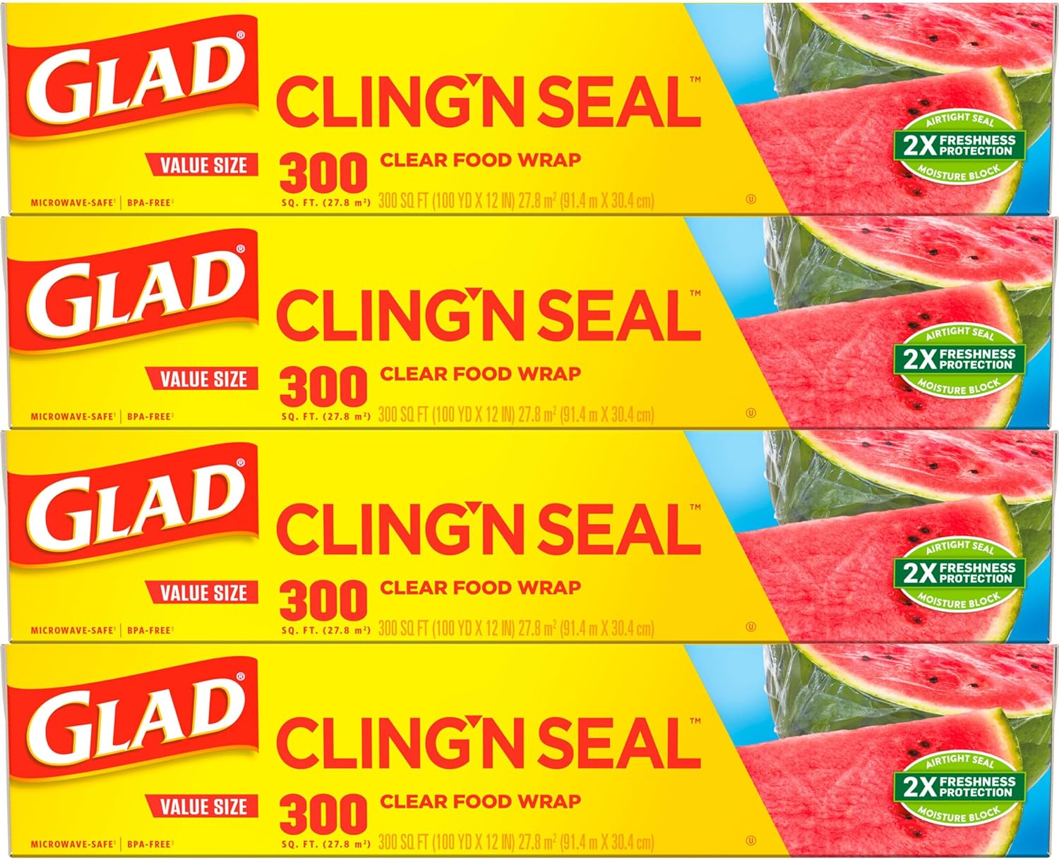 Glad Cling N Seal Plastic Food Wrap, 300 Square Foot Roll - 4 Pack (Package May Vary)