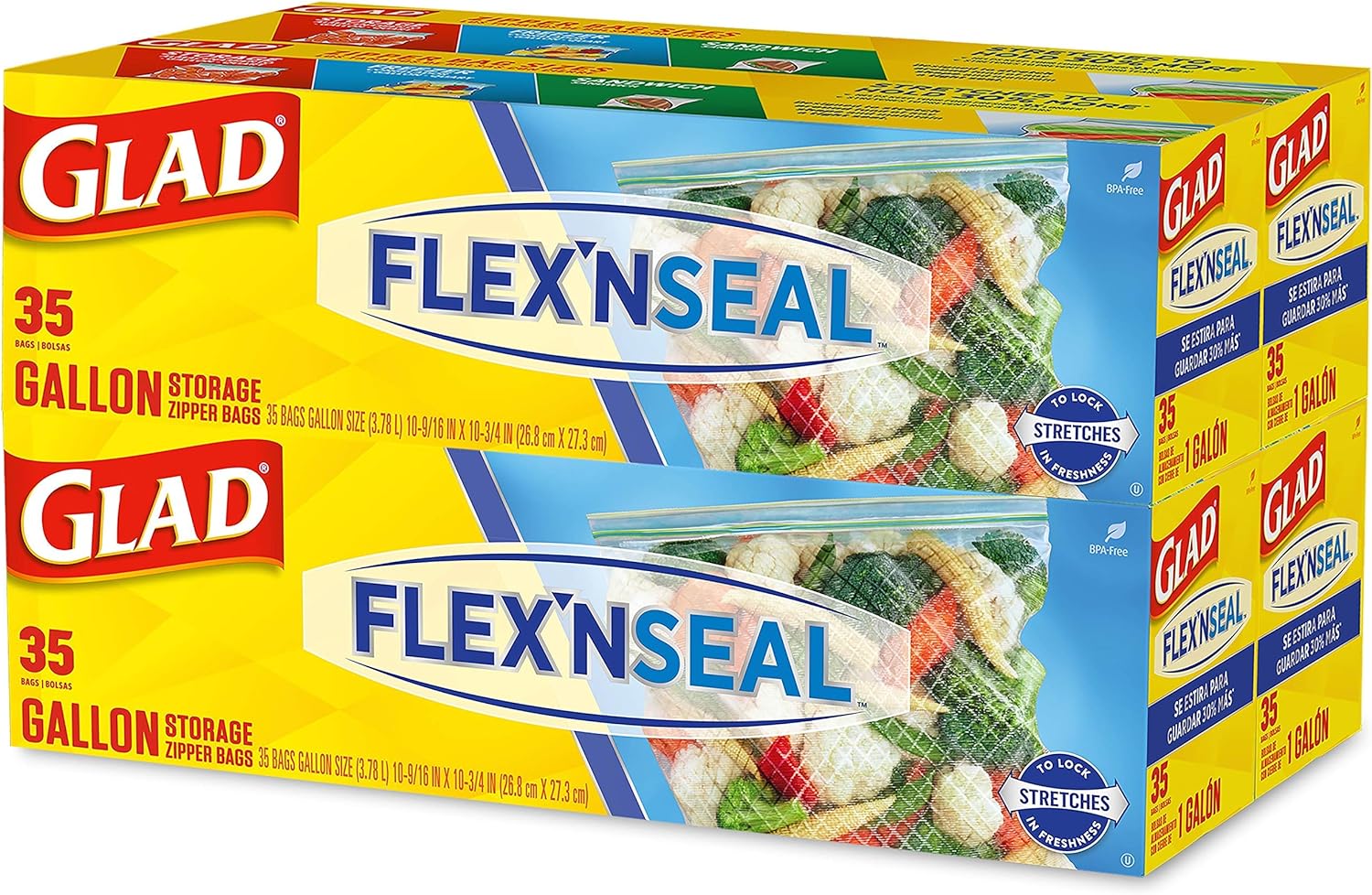 Glad FLEXN SEAL Food Storage Plastic Bags - Gallon - 35 count (Pack of 4)