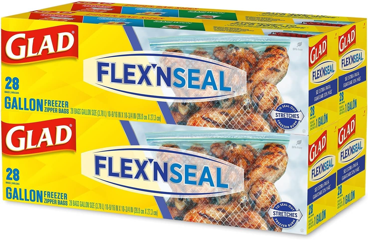 Glad FLEXN SEAL Freezer Storage Plastic Bags, Gallon, 28 Count