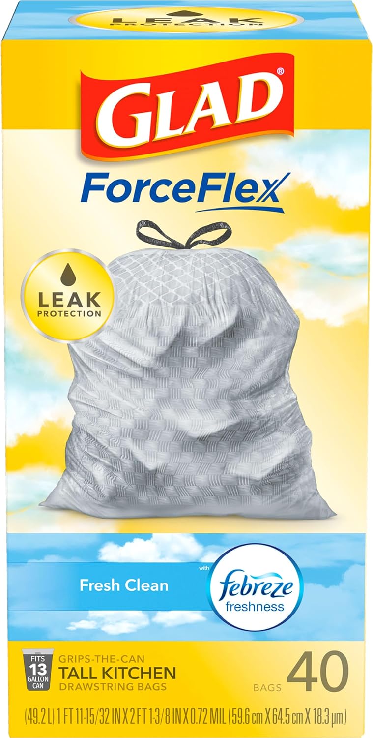 Glad ForceFlex Tall Kitchen Drawstring Trash Bags, Fresh Clean, 13 Gal, 40 Ct (Package May Vary)