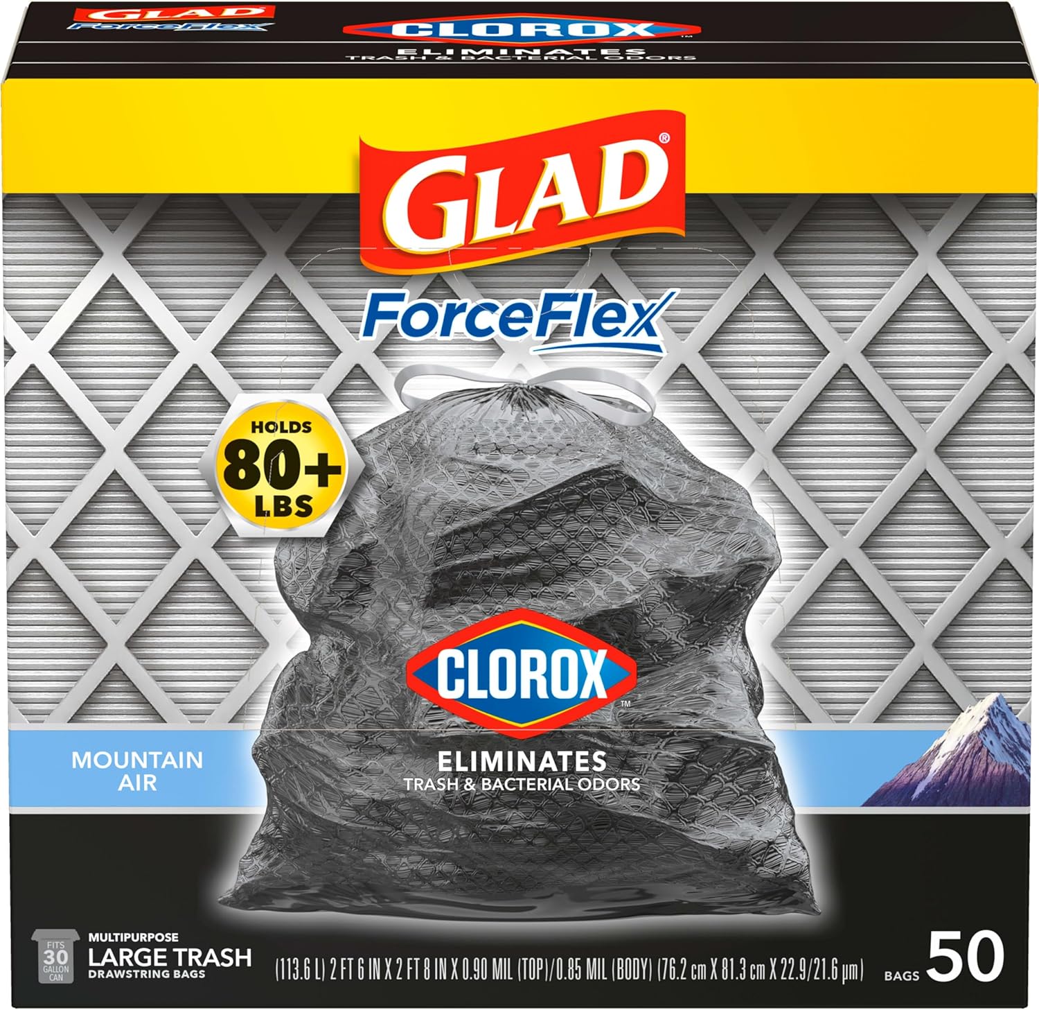 Glad Large Drawstring Trash Bags, ForceFlex with Clorox, 30 Gallon, Mountain Air, 50 Count