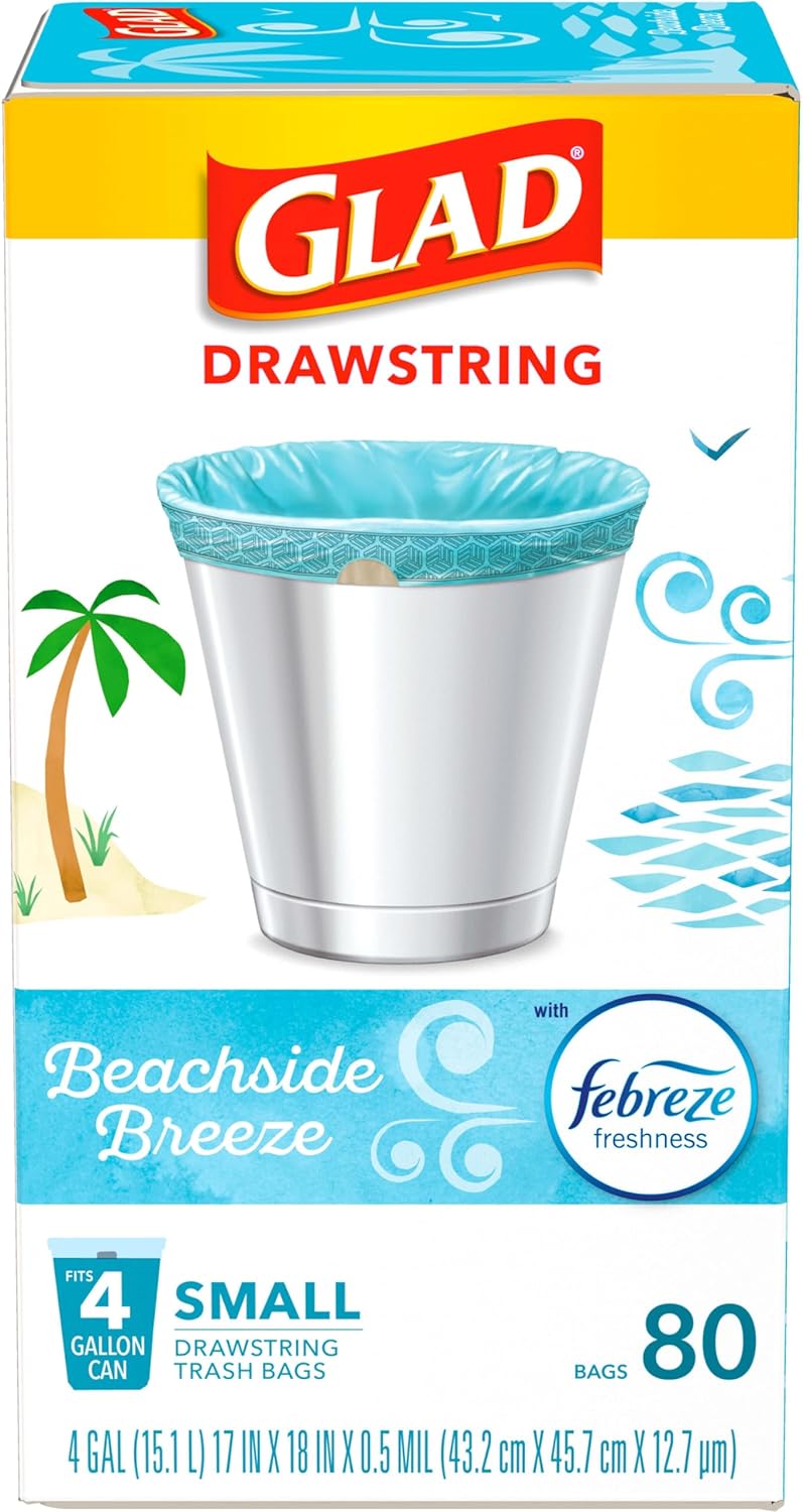 Glad OdorShield Small Drawstring Trash Bags, Febreze Beachside Breeze, 4 Gal, 80 Ct