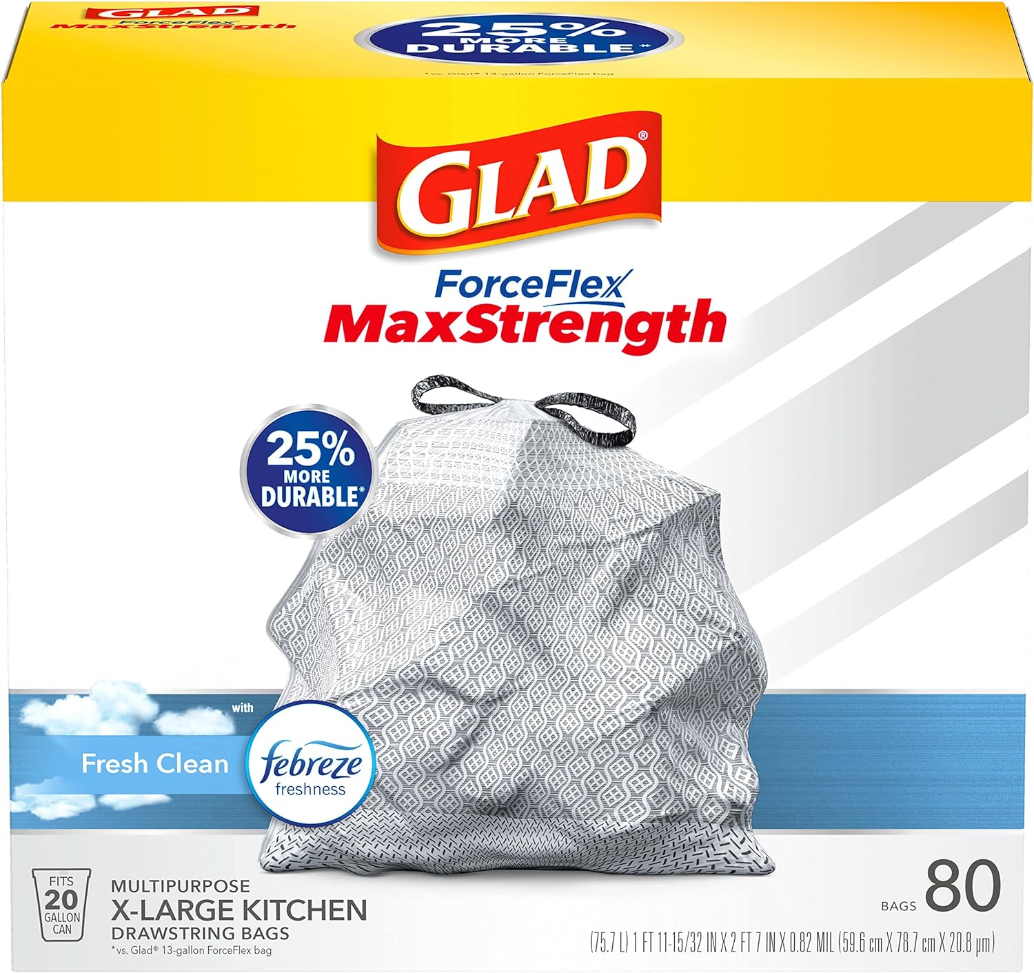 Glad ForceFlex MaxStrength X-Large Trash Bags, 20 Gal, Fresh Clean, 80 Ct, Pack of 3, Pack May Vary