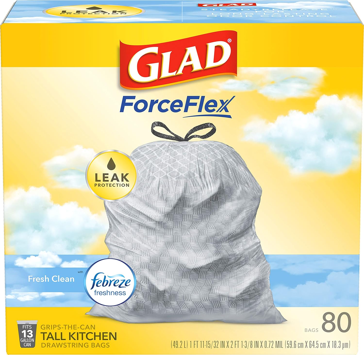 Glad ForceFlex Tall Kitchen Drawstring Trash Bags, 13 Gallon, Fresh Clean Febreze, 80 Count, Package May Vary