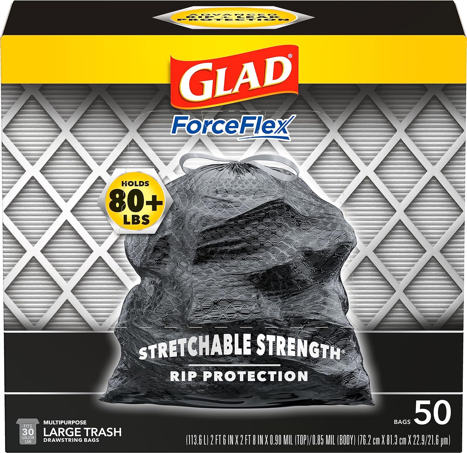 Glad Large Drawstring Trash Bags, ForceFlex 30 Gallon Black Trash Bags, 50 Count