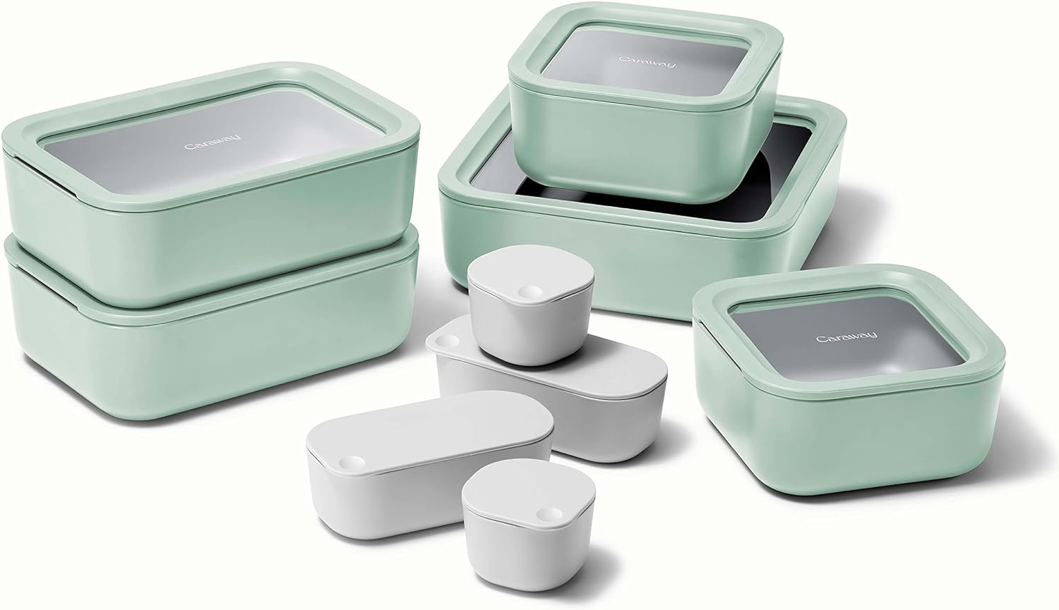 Caraway Glass Food Storage Set, 14 Pieces - Ceramic Coated Food Containers - Easy to Store, Non Toxic Lunch Box Containers with Glass Lids - Includes Storage Organizer & Dot & Dash Inserts - Mist