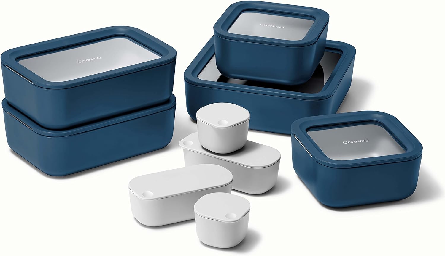 Caraway Glass Food Storage Set, 14 Pieces - Ceramic Coated Food Containers - Easy to Store, Non Toxic Lunch Box Containers with Glass Lids - Includes Storage Organizer & Dot & Dash Inserts - Navy