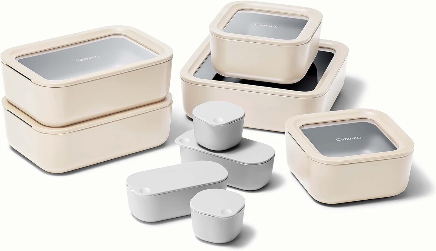 Caraway Glass Food Storage Set, 14 Pieces - Ceramic Coated Food Containers - Easy to Store, Non Toxic Lunch Box Containers with Glass Lids - Includes Storage Organizer & Dot & Dash Inserts - Cream