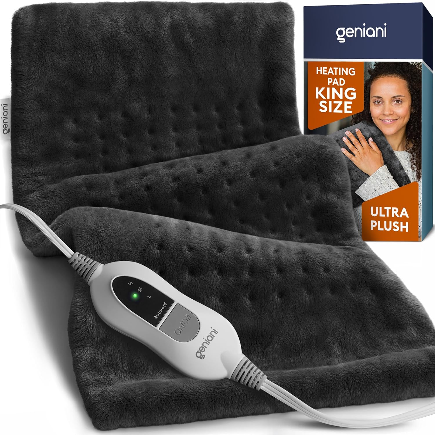 GENIANI Extra Large Electric Heating Pad for Back Pain and Cramps Relief - Auto Shut Off - Soft Heat Pad for Moist & Dry Therapy - Heat Patch (XL Black)