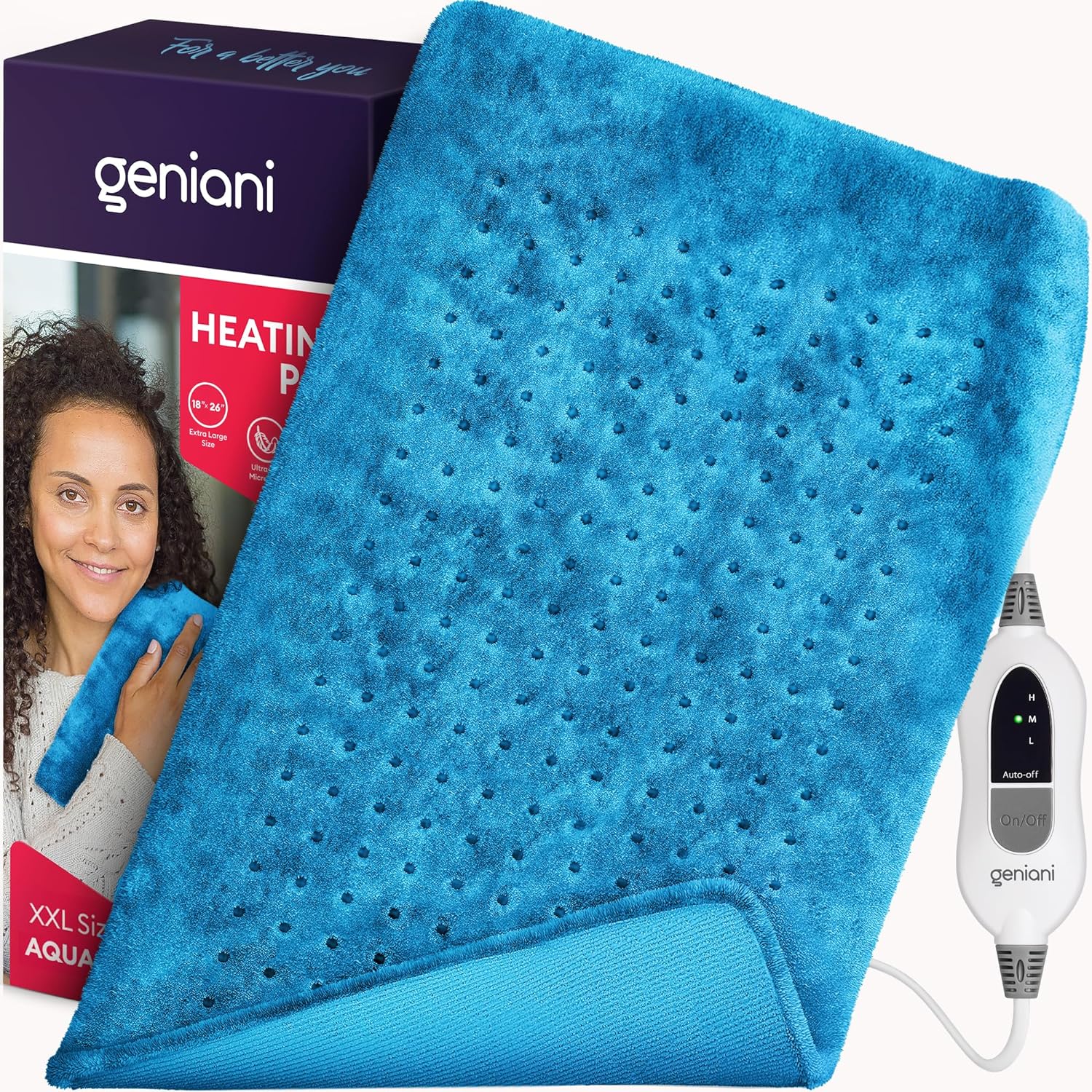 GENIANI XXL Heating Pad for Back Pain & Menstrual Pain Relief, FSA HSA Eligible, Auto Shut Off, Machine Washable, Moist Heat Pad for Neck and Shoulder, Heat Patch, Cramps Relief, Aqua Blue 18'26