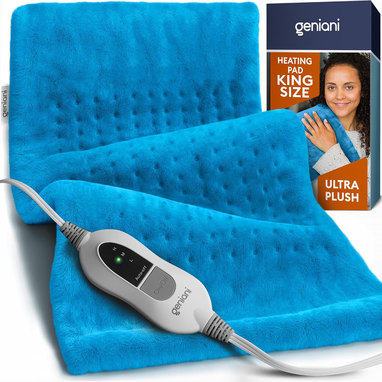 GENIANI Extra Large Electric Heating Pad for Back Pain and Cramps Relief - Auto Shut Off - Soft Heat Pad for Moist & Dry Therapy - Heat Patch (Aqua Blue)