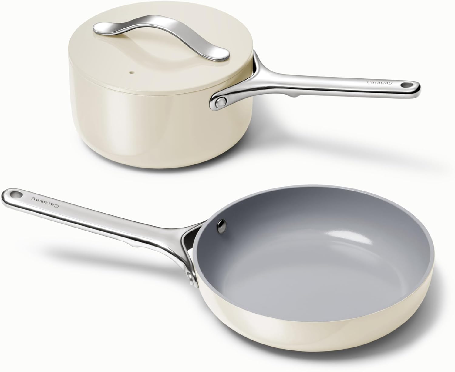 Caraway Mini Duo - Non-Stick Ceramic Mini Fry Pan (1.05 qt, 8) & Mini Sauce Pan (1.75 qt) - Non Toxic, PTFE & PFOA Free - Oven Safe & Stovetop Agnostic (Gas, Electric & Induction) - Cream