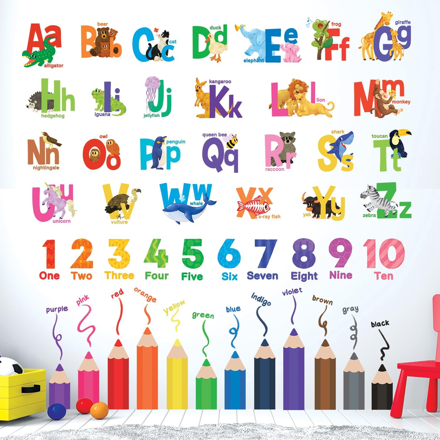 DECOWALL SG3-2316 Alphabet Numbers and Colouring Pencils Wall Stickers Decals Classroom Kids playroom Art Play Room Rainbow ABC Decorations Toddler Color Child Preschool Living Baby Girl Baby boy
