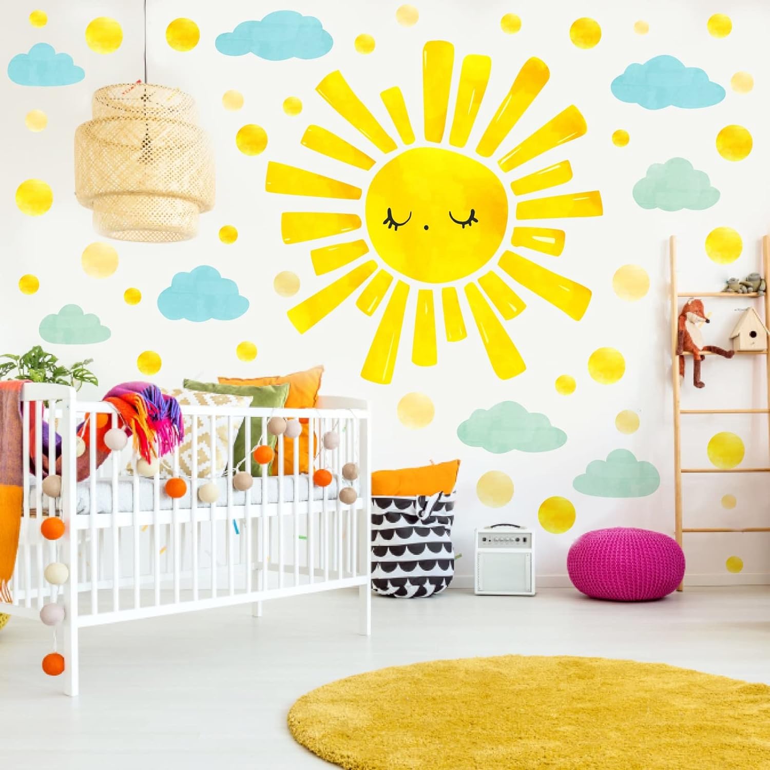 Large Sun Clouds Wall Decals Polka Dots Wall Decals Sun Cloud Wall Stickers for Kids Room Bedroom Nursery Playroom Classroom Decor