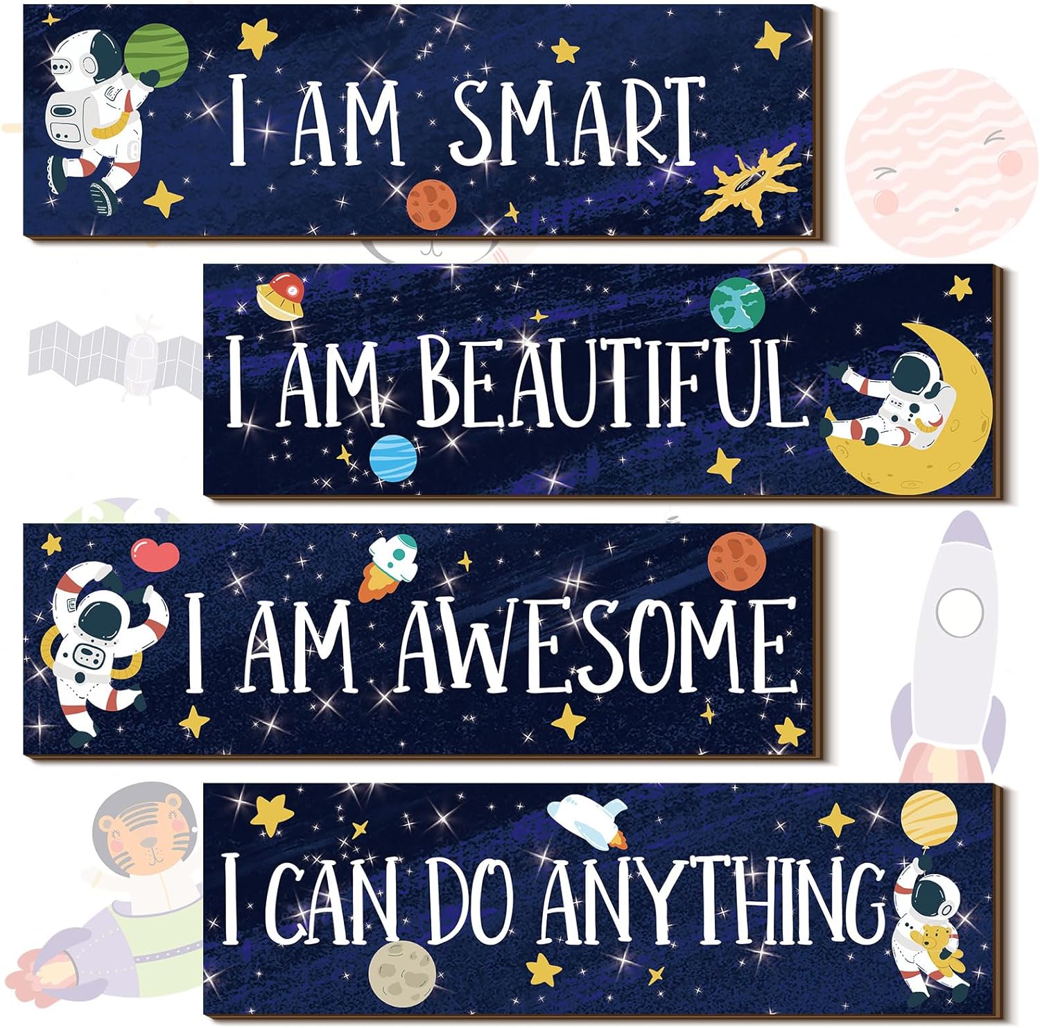 4 Pieces Space Decor Boys Room Space Posters Boy Bedroom Wall Decor Spaceman Wood Sign Inspirational Space Wall Art Boys Bedroom Decor Space Motivational Quote for Baby Kids Classroom Nursery (I)