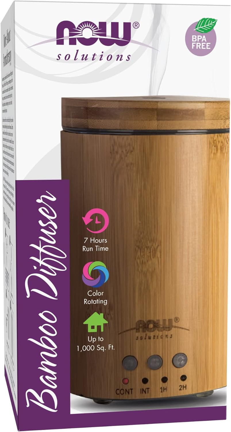 NOW Essential Oils, Ultrasonic Real Bamboo Aromatherapy Oil Diffuser, Extremely Quiet, Heat Free and Easy to Clean, Color Changing LED Diffuser