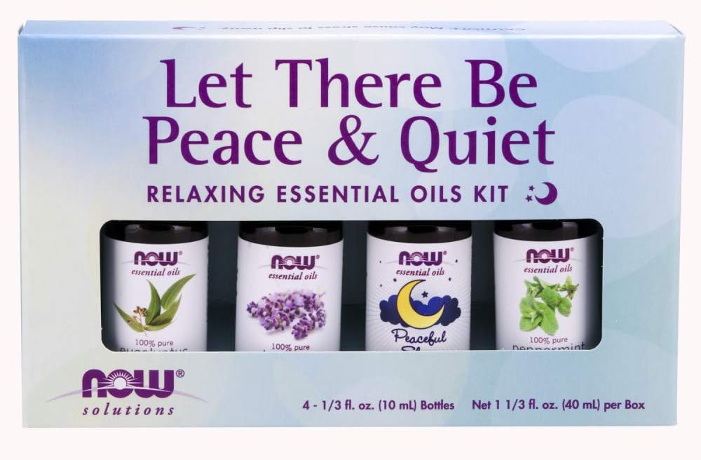 NOW Essential Oils, Let There Be Peace & Quiet Aromatherapy Kit, 4x 10ml Including Lavender Oil, Peppermint Oil, Eucalyptus Oil and Peaceful Sleep Oil Blend With Child Resistant Caps