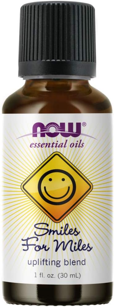 NOW Essential Oils, Smiles for Miles Aromatherapy Blend, Refreshing Aromatherapy Scent, Blend of Pure Essential Oils, Vegan, Child Resistant Cap, 1-Ounce