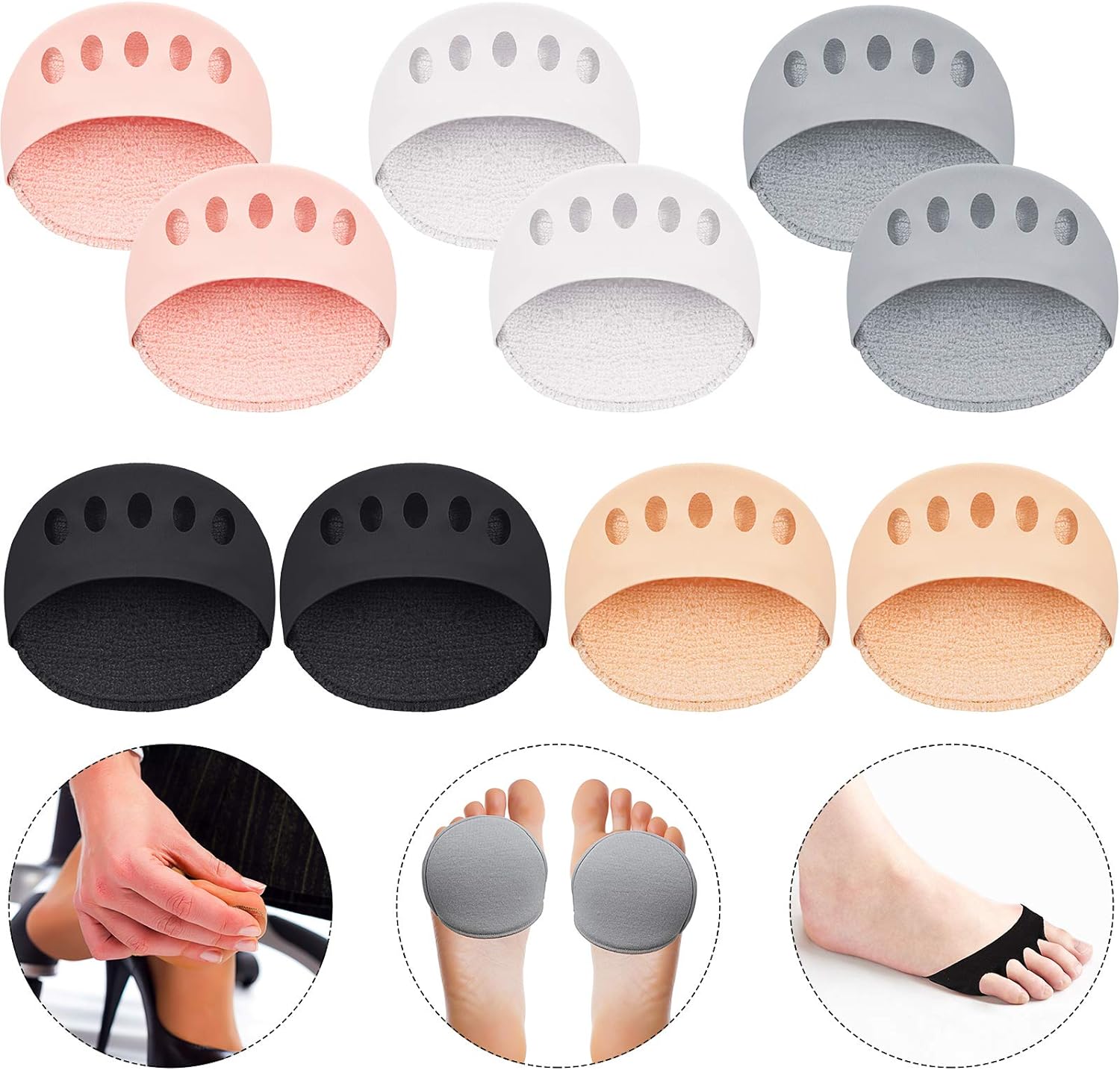 Forefoot Pads Honeycomb Fabric Metatarsal Cushions Ball of Foot Cushion Pads for Women, 5 Colors (5 Pairs)