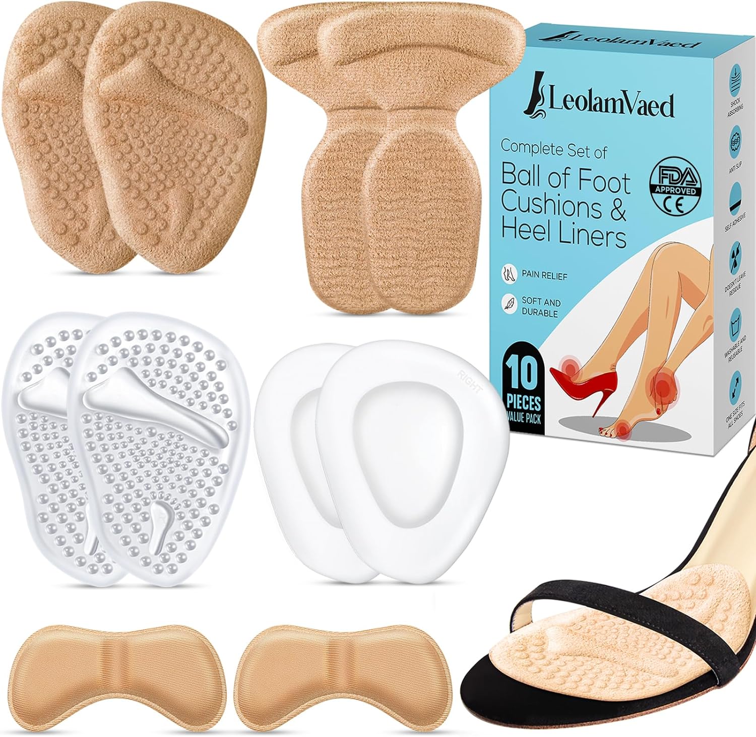 Reusable Metatarsal Pads Women, Ball of Foot Cushions for Women All Day Pain Relief and Comfort, Washable Heel Pads One Size Fits All High Heel Inserts (10 Pieces in A Set)