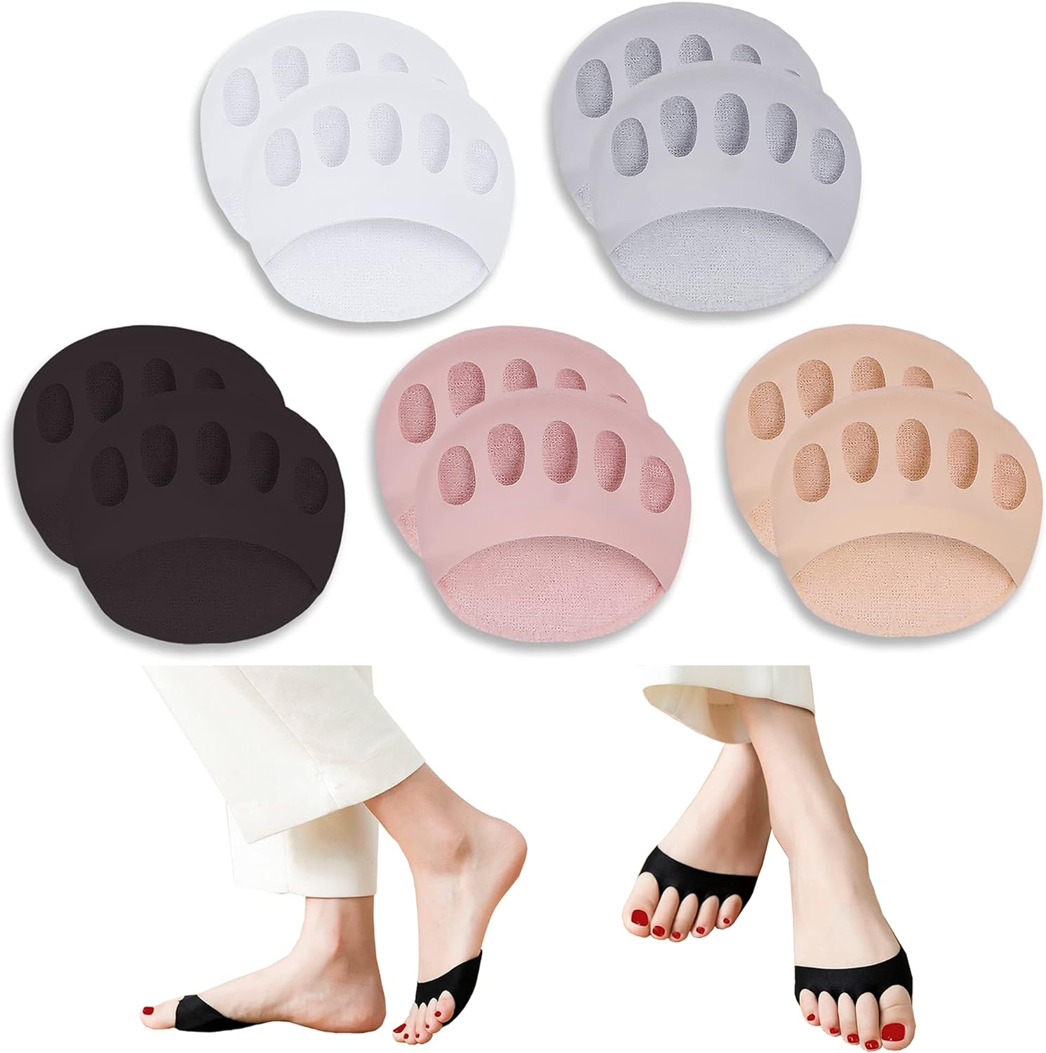 SooGree Ball of Foot Cushions (5Pairs) - Metatarsal Pads Invisible Socks for Women and Men Soft Foot Pads for Ball of Feet Reusable Cushions for Runners Prevent Pain and Discomfort