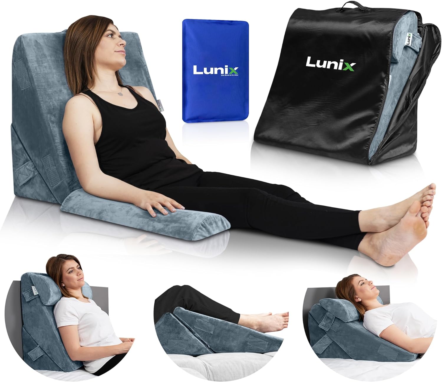 Lunix 3pcs Orthopedic Bed Wedge Pillow Set, Post Surgery Memory Foam for Back, Leg & Knee Pain Relief, Sitting Pillow, Adjustable Pillows for Acid Reflux and GERD for Sleeping, with Hot Cold Pack