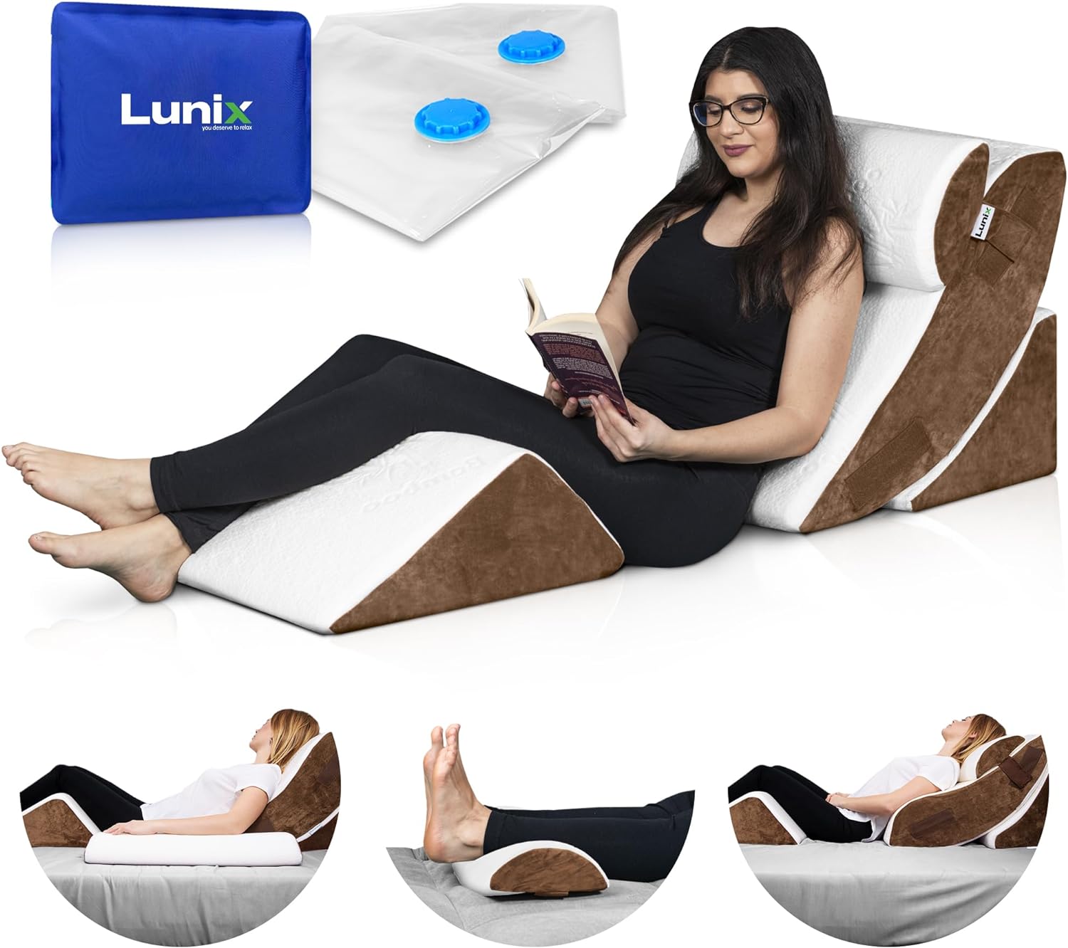 Lunix LX5 4pcs Orthopedic Bed Wedge Pillow Set, Post Surgery Memory Foam for Back, Leg Pain Relief, Sitting Pillow, Adjustable Pillows Acid Reflux and GERD for Sleeping, with Hot Cold Pack, Brown